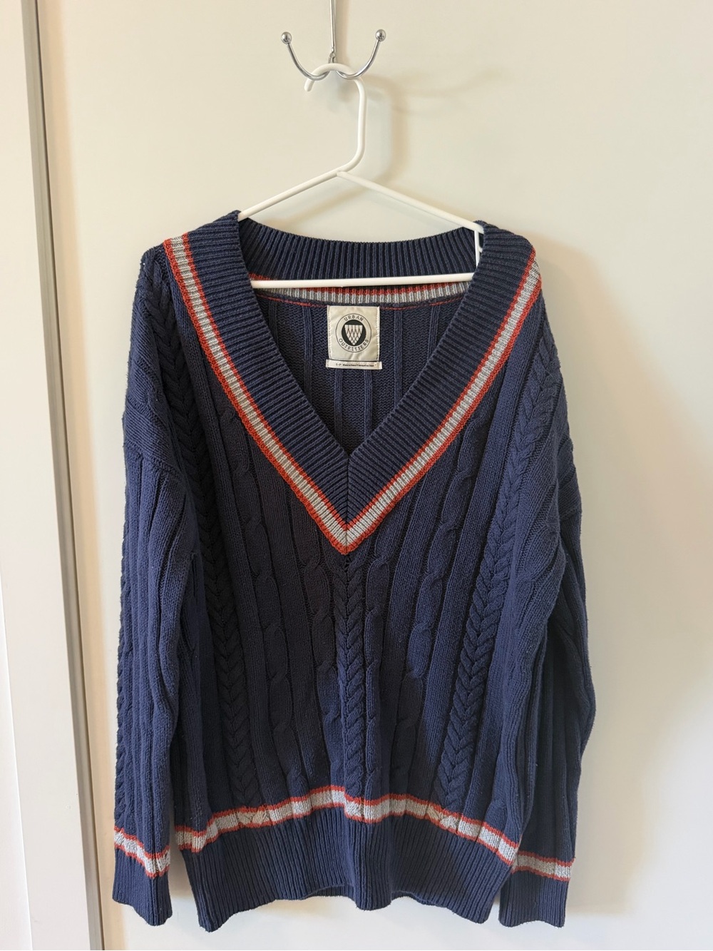 UO Navy Cable Knit V-Neck Sweater with Red & White Trim